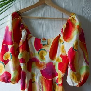 FARM RIO Cashew Juice Puff Sleeve Linen Midi Dress Medium